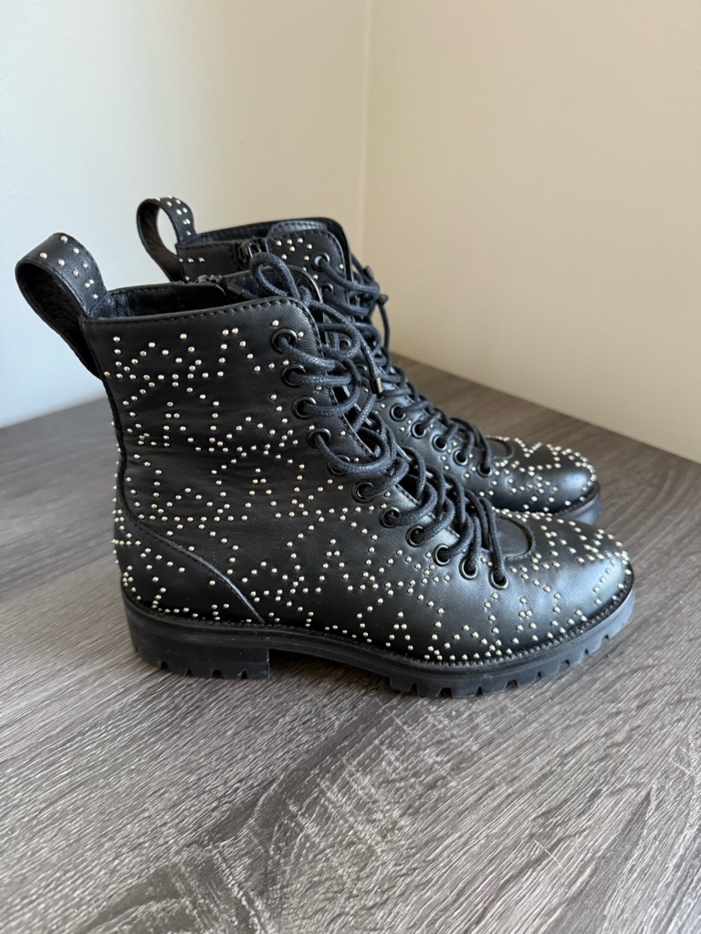 Jimmy Choo Black Studded Lace-Up Combat ankle Boots, size 35